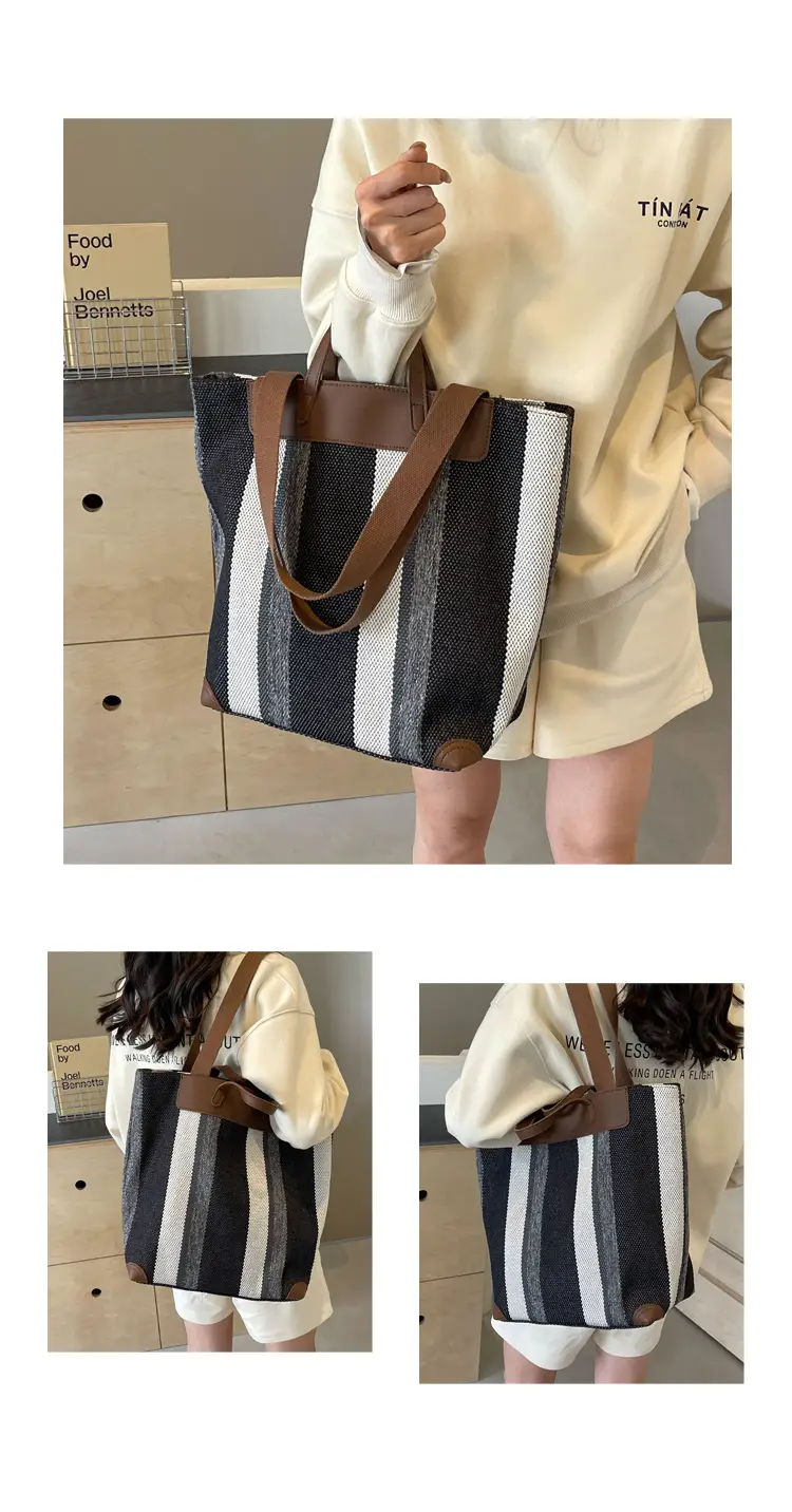 Women Retro Canvas Tote Bag Black White Stripes 2026 — feature 4