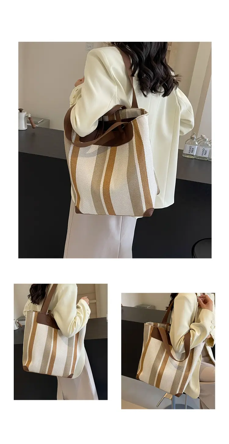 Women Retro Canvas Tote Bag Black White Stripes 2026 — feature 5