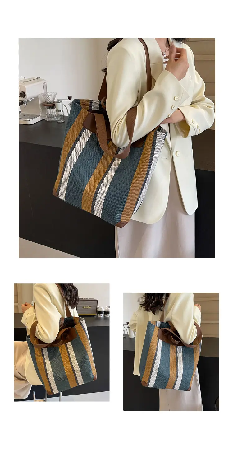 Women Retro Canvas Tote Bag Black White Stripes 2026 — feature 6