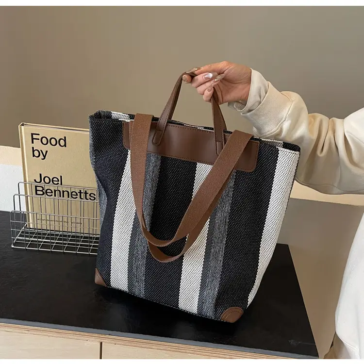 Women Retro Canvas Tote Bag Black White Stripes 2026 — feature 8