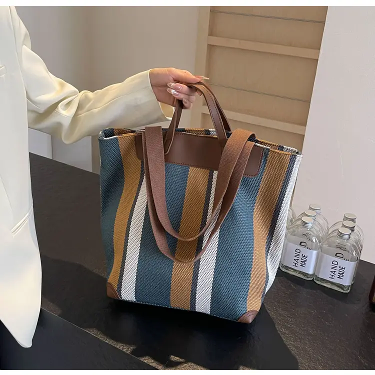 Women Retro Canvas Tote Bag Black White Stripes 2026 — feature 9