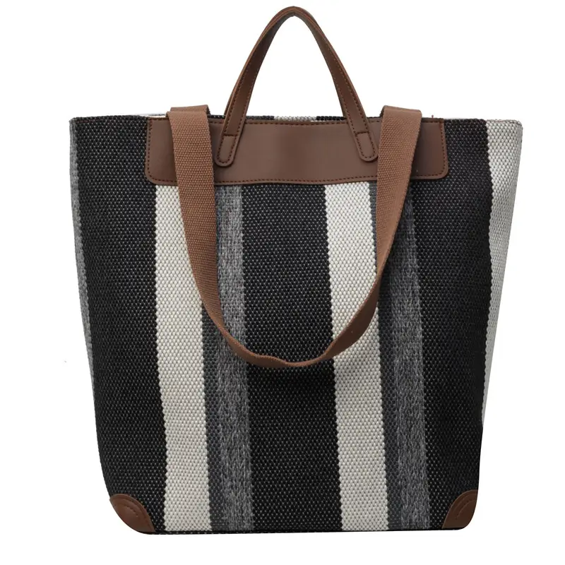 Women Retro Canvas Tote Bag Black White Stripes 2026 - Image 2