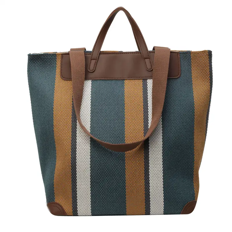 Women Retro Canvas Tote Bag Black White Stripes 2026 - Image 3