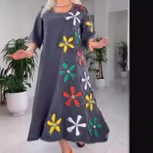 Women Blue Floral Crewneck Skirt Mid Length Plus Size - Image 4