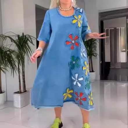 Women Blue Floral Crewneck Skirt Mid Length Plus Size - Image 5