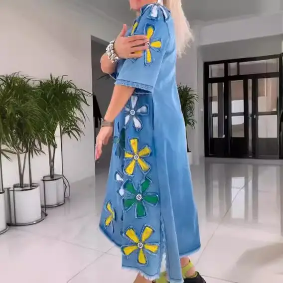 Women Blue Floral Crewneck Skirt Mid Length Plus Size — feature 3