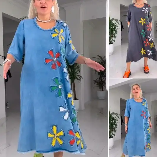 Women Blue Floral Crewneck Skirt Mid Length Plus Size — feature 4