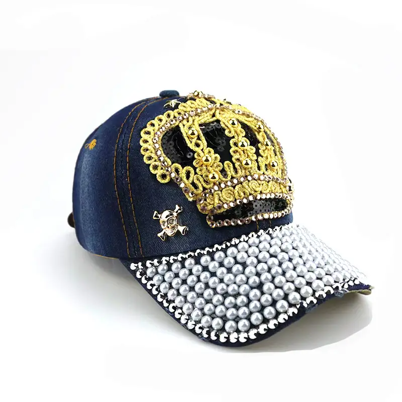 Women's Pearl Diamond Baseball Cap with Gold Embroidery - Image 3