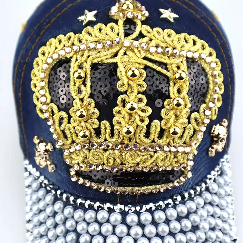 Women's Pearl Diamond Baseball Cap with Gold Embroidery - Image 5