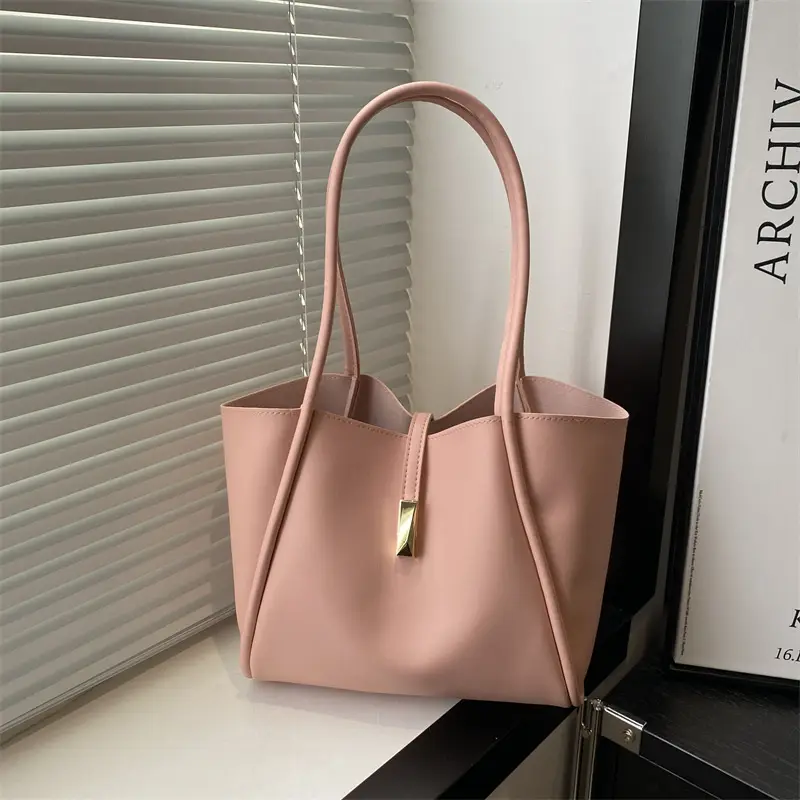 Black Leather Shoulder Bag with Gold Clasp for Women