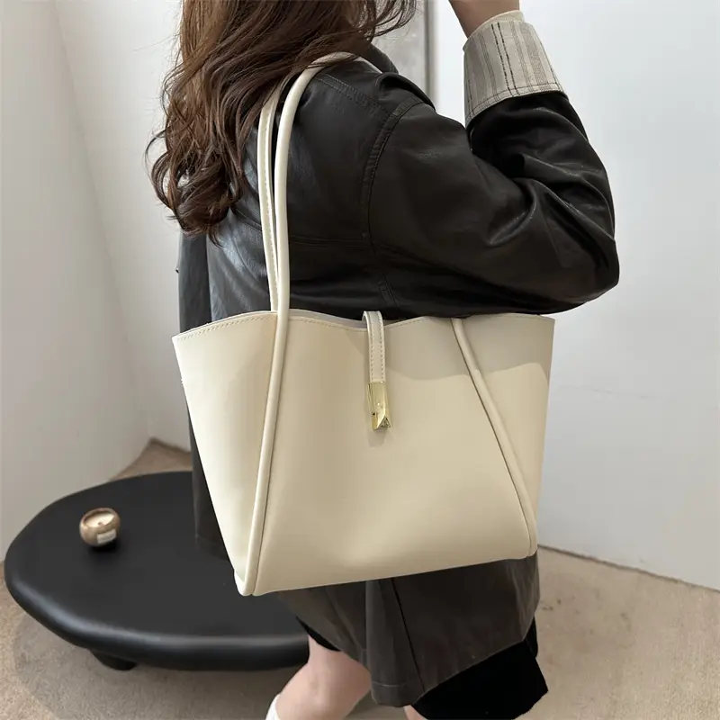 Black Leather Shoulder Bag with Gold Clasp for Women