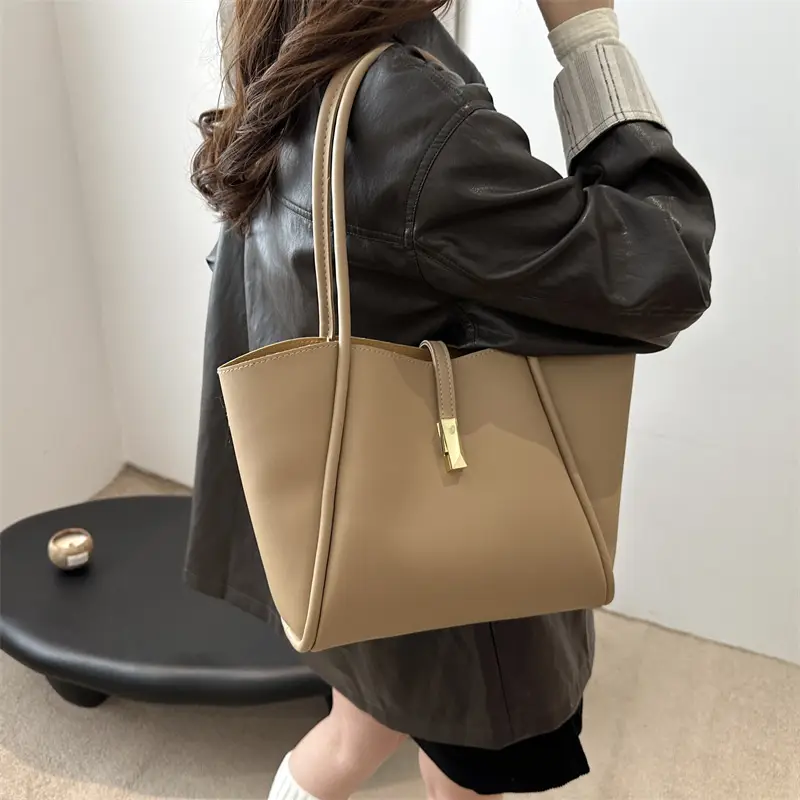 Black Leather Shoulder Bag with Gold Clasp for Women