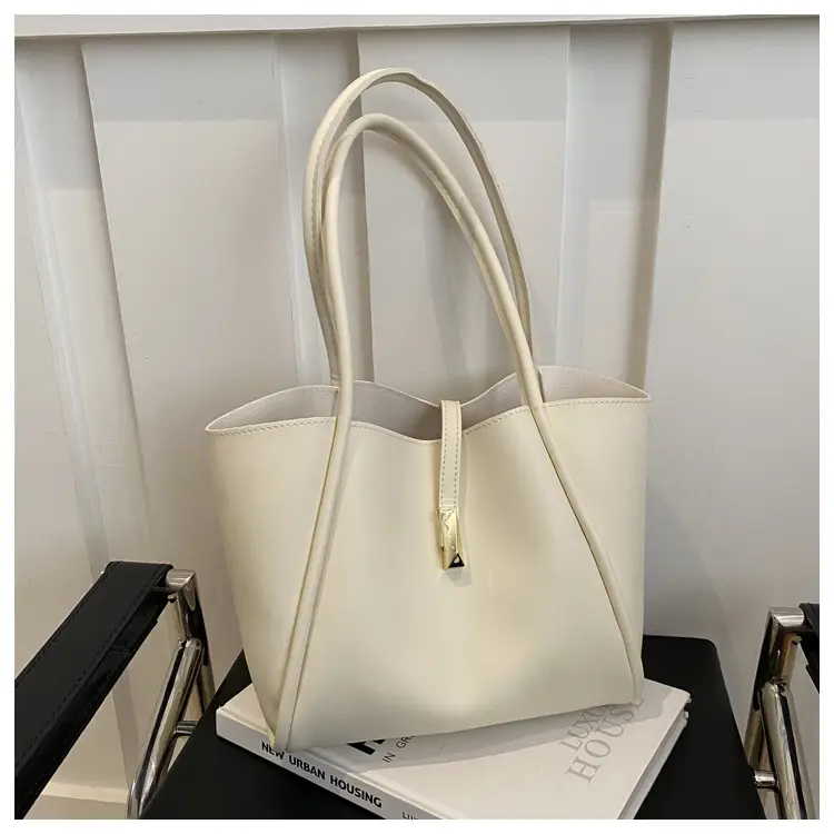 Black Leather Shoulder Bag with Gold Clasp for Women