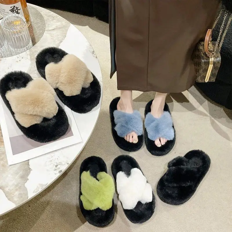 All-match Mao Mao Mao Slippers Women's Thick Bottom Outer Wear Autumn and Winter New Super Fire Net Red Slippers with Elevated Heel Cross Cotton Slippers