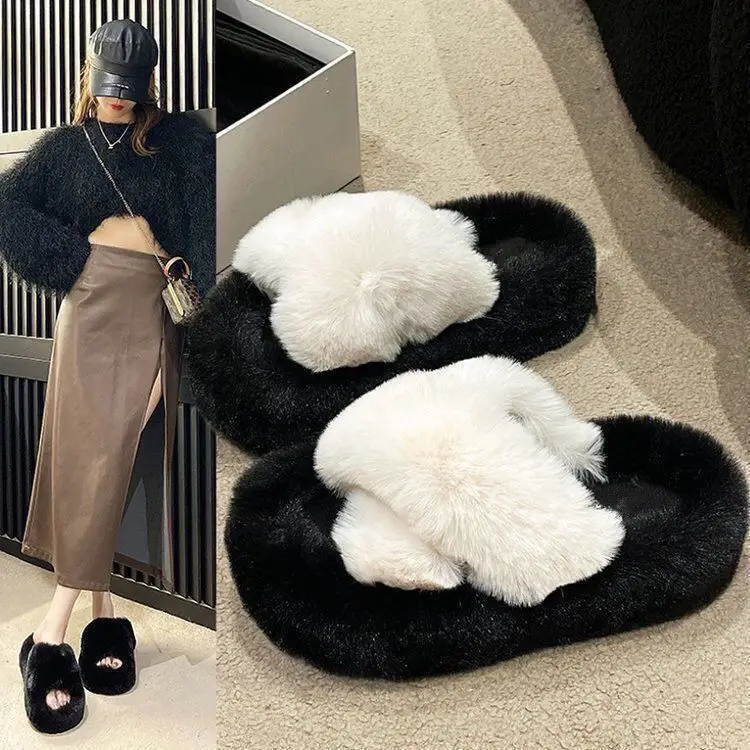All-match Mao Mao Mao Slippers Women's Thick Bottom Outer Wear Autumn and Winter New Super Fire Net Red Slippers with Elevated Heel Cross Cotton Slippers