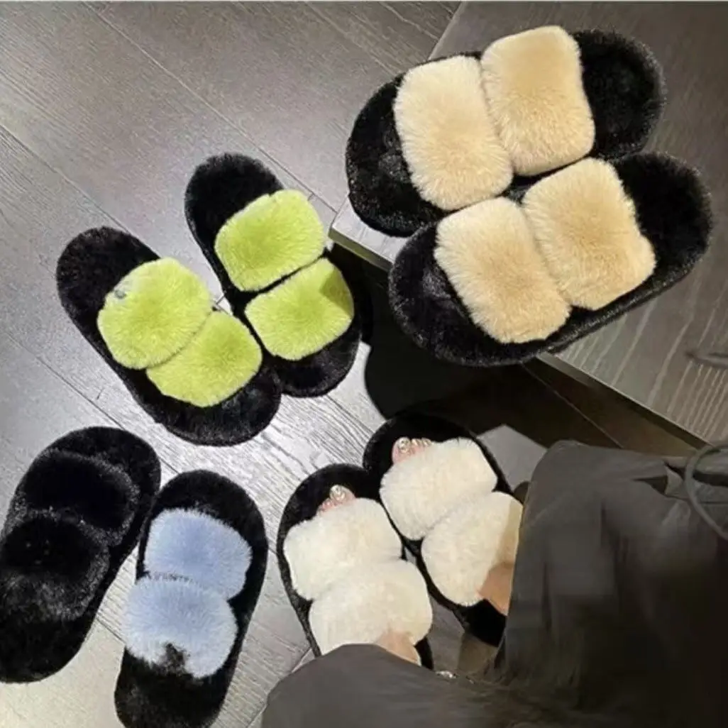 All-match Mao Mao Mao Slippers Women's Thick Bottom Outer Wear Autumn and Winter New Super Fire Net Red Slippers with Elevated Heel Cross Cotton Slippers