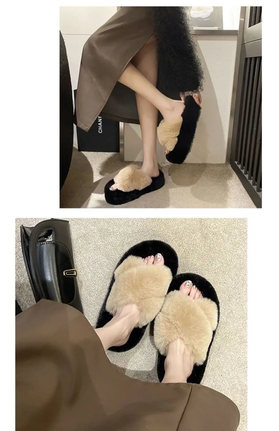 All-match Mao Mao Mao Slippers Women's Thick Bottom Outer Wear Autumn and Winter New Super Fire Net Red Slippers with Elevated Heel Cross Cotton Slippers — feature 15
