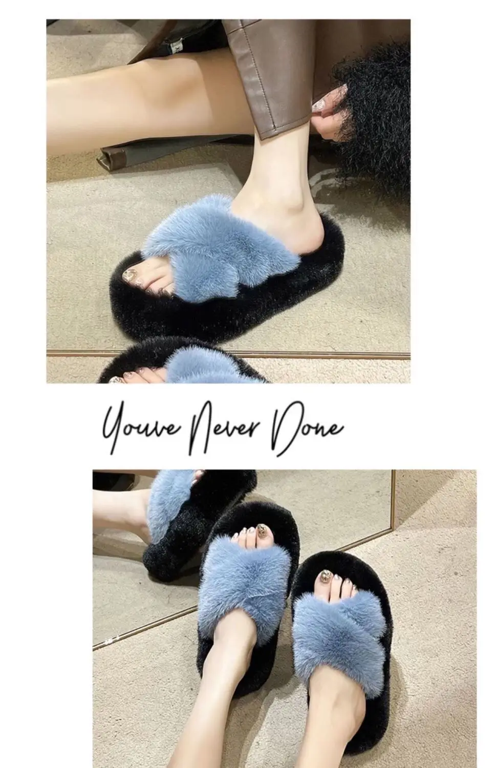 All-match Mao Mao Mao Slippers Women's Thick Bottom Outer Wear Autumn and Winter New Super Fire Net Red Slippers with Elevated Heel Cross Cotton Slippers — feature 16