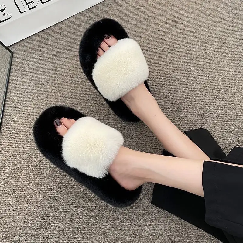 All-match Mao Mao Mao Slippers Women's Thick Bottom Outer Wear Autumn and Winter New Super Fire Net Red Slippers with Elevated Heel Cross Cotton Slippers — feature 18