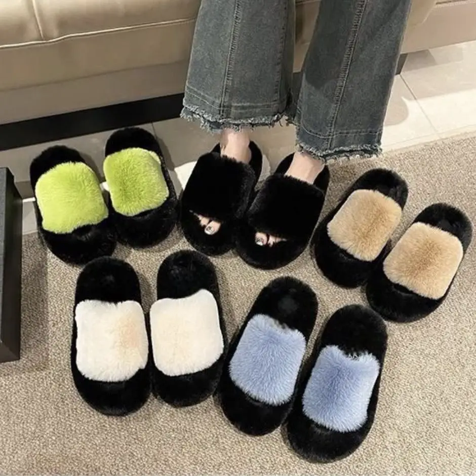 All-match Mao Mao Mao Slippers Women's Thick Bottom Outer Wear Autumn and Winter New Super Fire Net Red Slippers with Elevated Heel Cross Cotton Slippers — feature 24