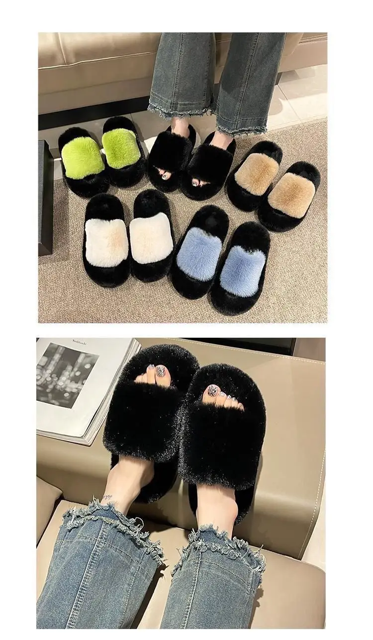 All-match Mao Mao Mao Slippers Women's Thick Bottom Outer Wear Autumn and Winter New Super Fire Net Red Slippers with Elevated Heel Cross Cotton Slippers — feature 25