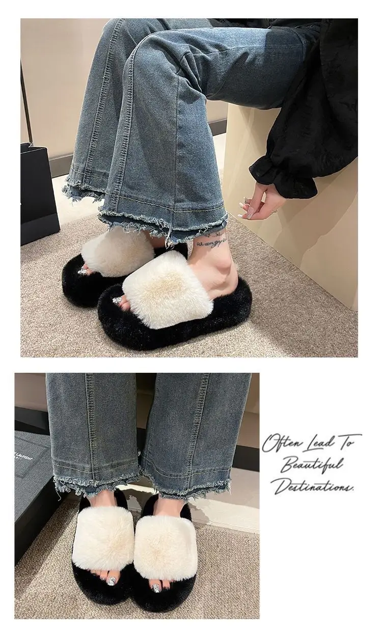 All-match Mao Mao Mao Slippers Women's Thick Bottom Outer Wear Autumn and Winter New Super Fire Net Red Slippers with Elevated Heel Cross Cotton Slippers — feature 26