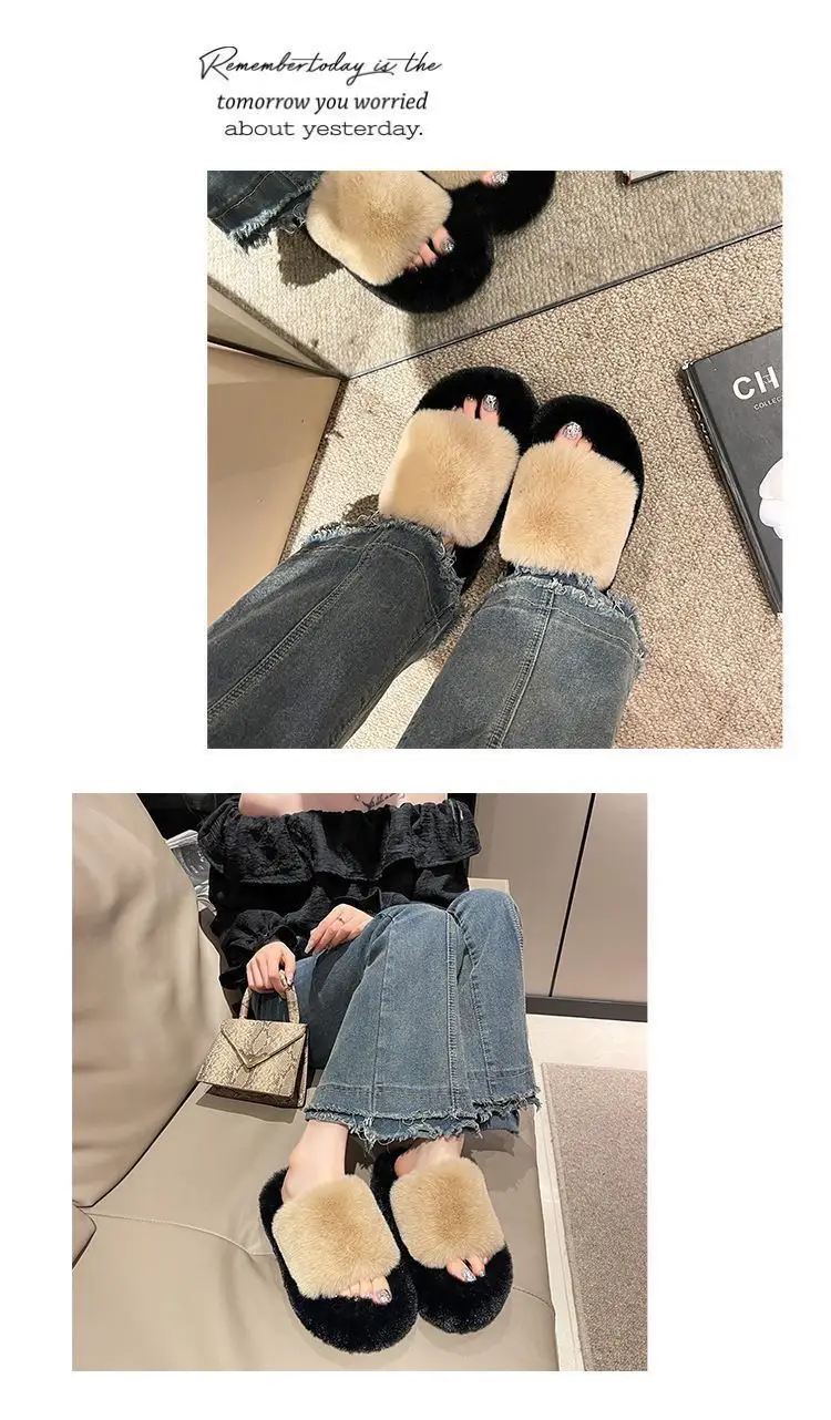 All-match Mao Mao Mao Slippers Women's Thick Bottom Outer Wear Autumn and Winter New Super Fire Net Red Slippers with Elevated Heel Cross Cotton Slippers — feature 28