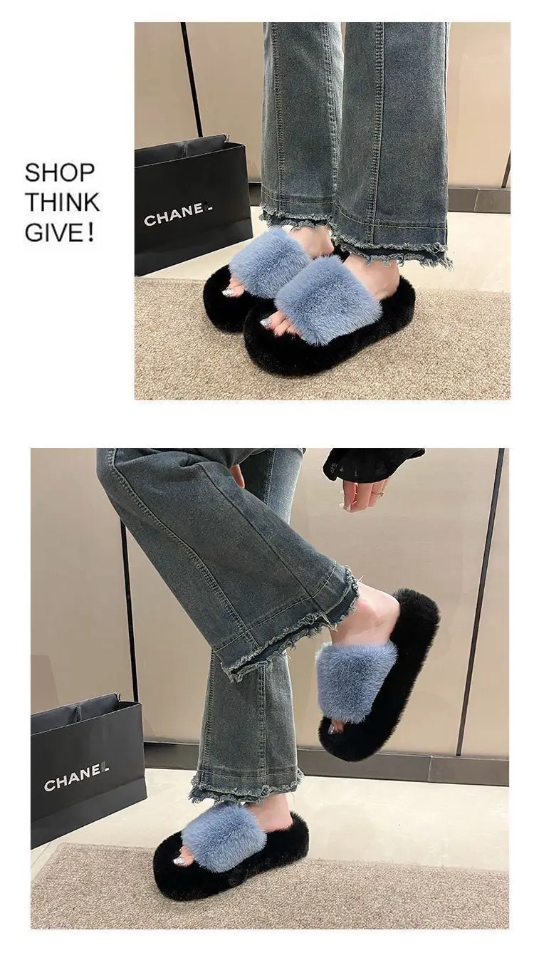 All-match Mao Mao Mao Slippers Women's Thick Bottom Outer Wear Autumn and Winter New Super Fire Net Red Slippers with Elevated Heel Cross Cotton Slippers — feature 29