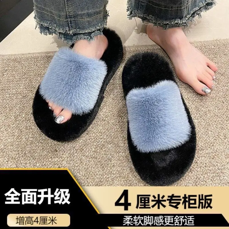 All-match Mao Mao Mao Slippers Women's Thick Bottom Outer Wear Autumn and Winter New Super Fire Net Red Slippers with Elevated Heel Cross Cotton Slippers