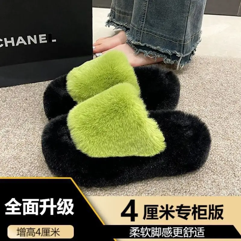 All-match Mao Mao Mao Slippers Women's Thick Bottom Outer Wear Autumn and Winter New Super Fire Net Red Slippers with Elevated Heel Cross Cotton Slippers