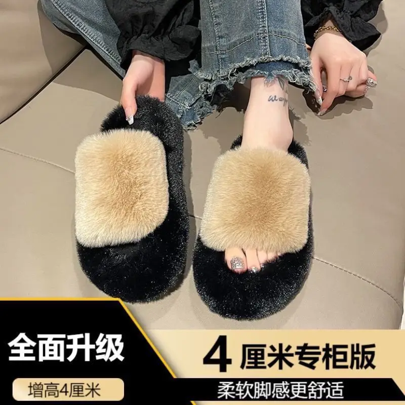 All-match Mao Mao Mao Slippers Women's Thick Bottom Outer Wear Autumn and Winter New Super Fire Net Red Slippers with Elevated Heel Cross Cotton Slippers