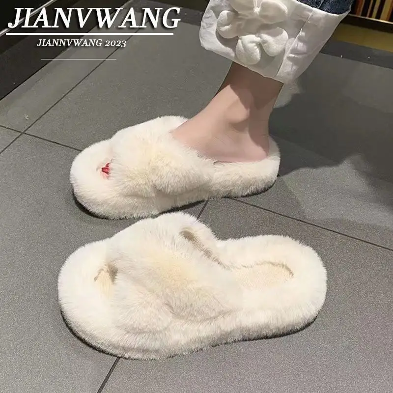 All-match Mao Mao Mao Slippers Women's Thick Bottom Outer Wear Autumn and Winter New Super Fire Net Red Slippers with Elevated Heel Cross Cotton Slippers