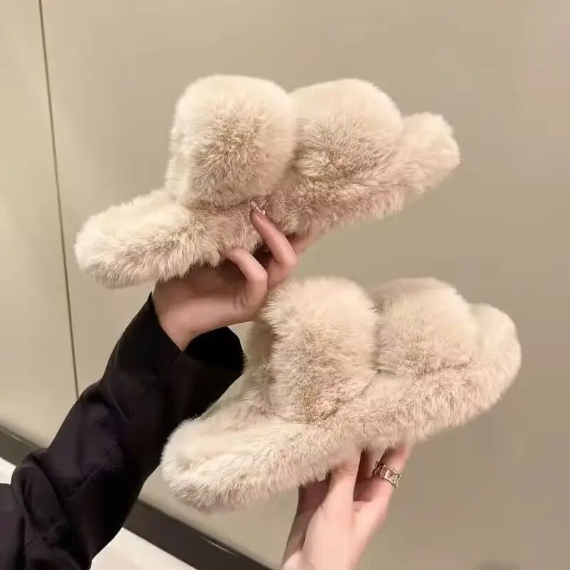 All-match Mao Mao Mao Slippers Women's Thick Bottom Outer Wear Autumn and Winter New Super Fire Net Red Slippers with Elevated Heel Cross Cotton Slippers