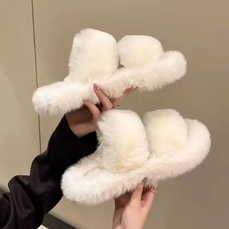 All-match Mao Mao Mao Slippers Women's Thick Bottom Outer Wear Autumn and Winter New Super Fire Net Red Slippers with Elevated Heel Cross Cotton Slippers