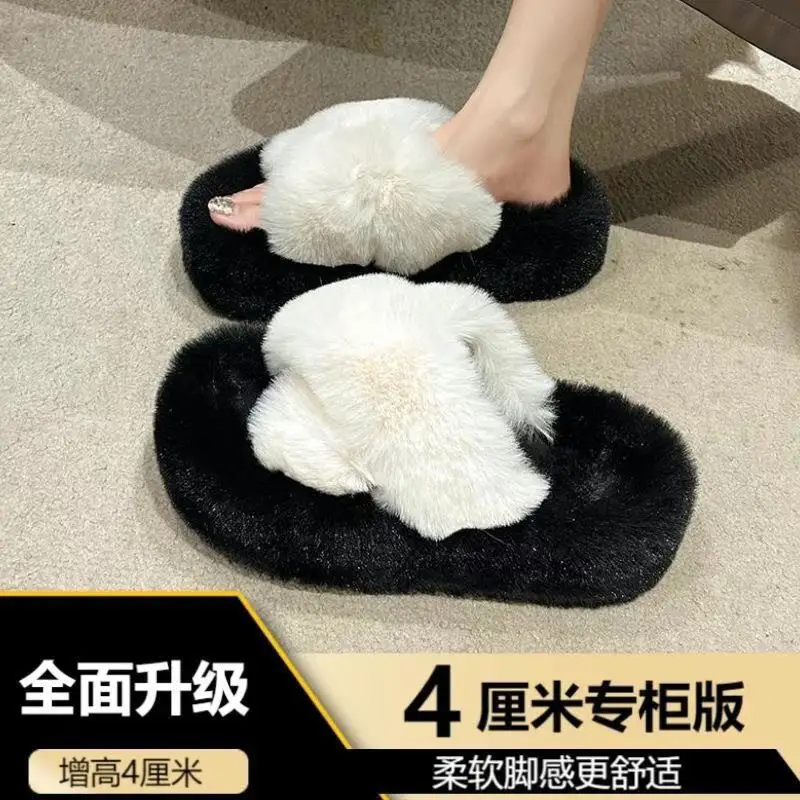 All-match Mao Mao Mao Slippers Women's Thick Bottom Outer Wear Autumn and Winter New Super Fire Net Red Slippers with Elevated Heel Cross Cotton Slippers