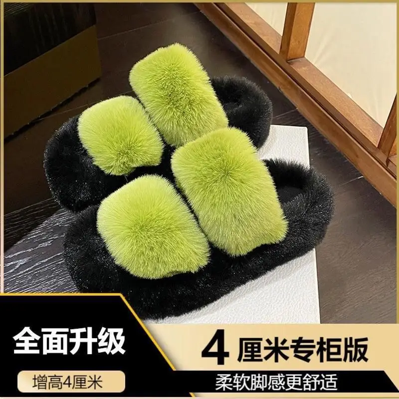 All-match Mao Mao Mao Slippers Women's Thick Bottom Outer Wear Autumn and Winter New Super Fire Net Red Slippers with Elevated Heel Cross Cotton Slippers