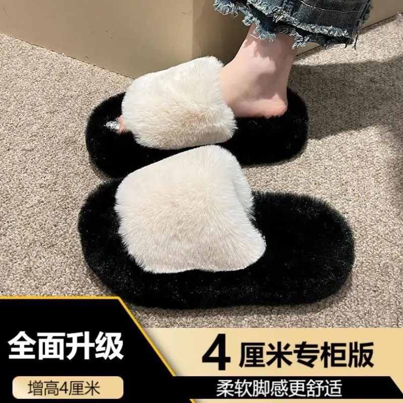 All-match Mao Mao Mao Slippers Women's Thick Bottom Outer Wear Autumn and Winter New Super Fire Net Red Slippers with Elevated Heel Cross Cotton Slippers