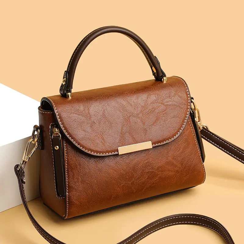 Women's Crossbody Bag with Zipper Compartment Brown Leather - Image 6