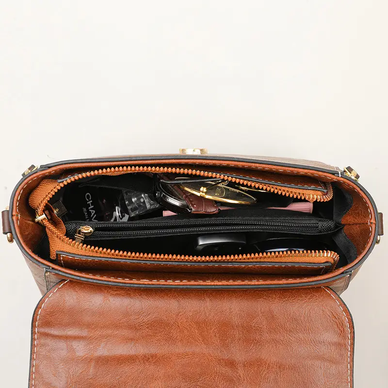 Women's Crossbody Bag with Zipper Compartment Brown Leather - Image 9