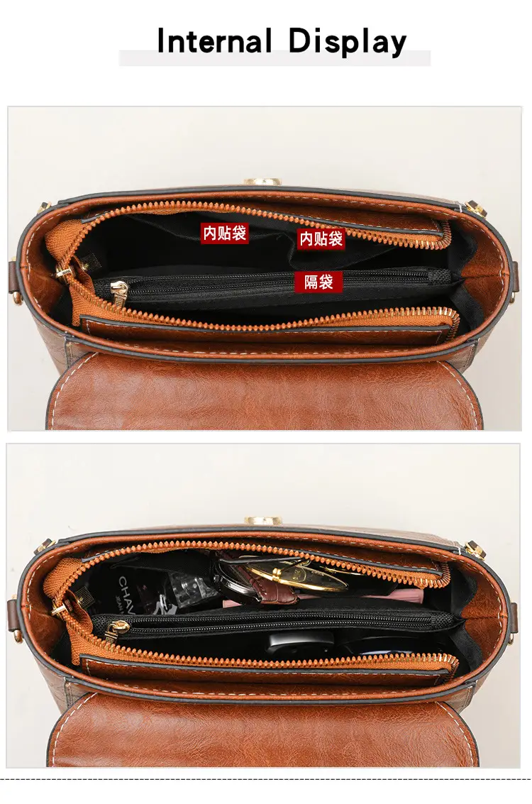 Women's Crossbody Bag with Zipper Compartment Brown Leather — feature 32