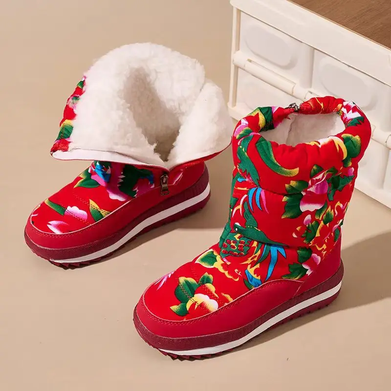 Winter New Ethnic Style Snow Boots Women's fleece-lined Thickened Northeast Large Cotton Boots Mesh Red Cotton Shoes Women's Comfortable Outdoor Shoes - Image 4