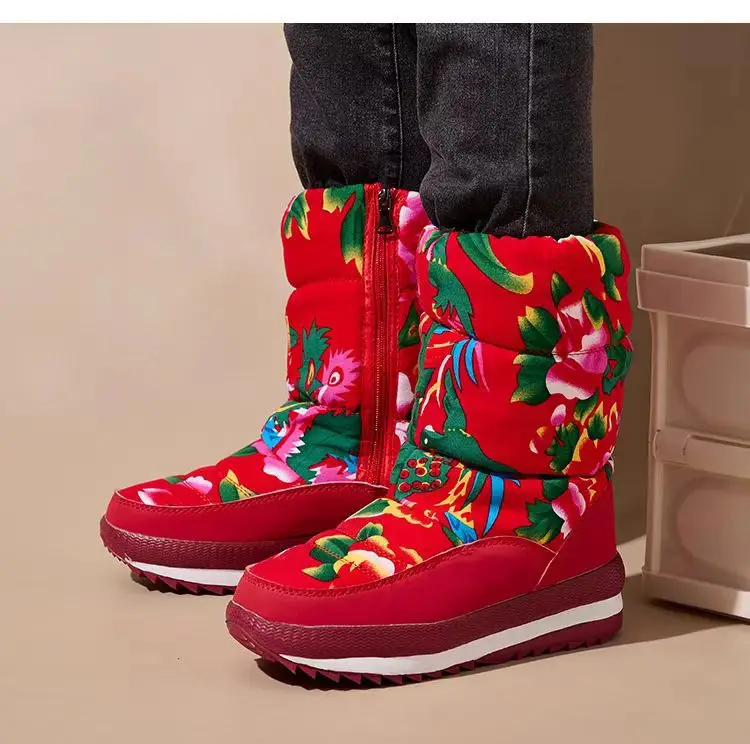 Winter New Ethnic Style Snow Boots Women's fleece-lined Thickened Northeast Large Cotton Boots Mesh Red Cotton Shoes Women's Comfortable Outdoor Shoes — feature 10