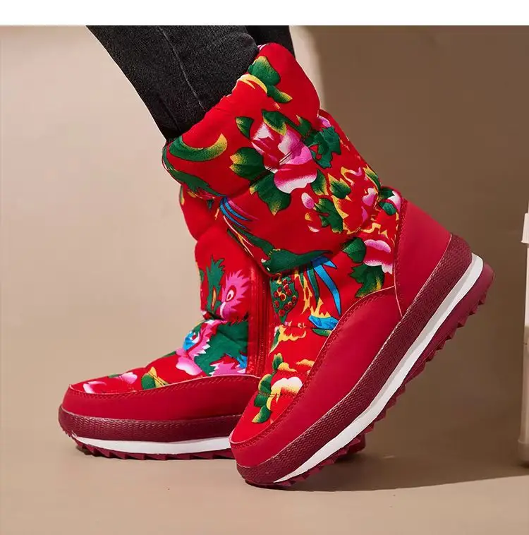 Winter New Ethnic Style Snow Boots Women's fleece-lined Thickened Northeast Large Cotton Boots Mesh Red Cotton Shoes Women's Comfortable Outdoor Shoes — feature 12