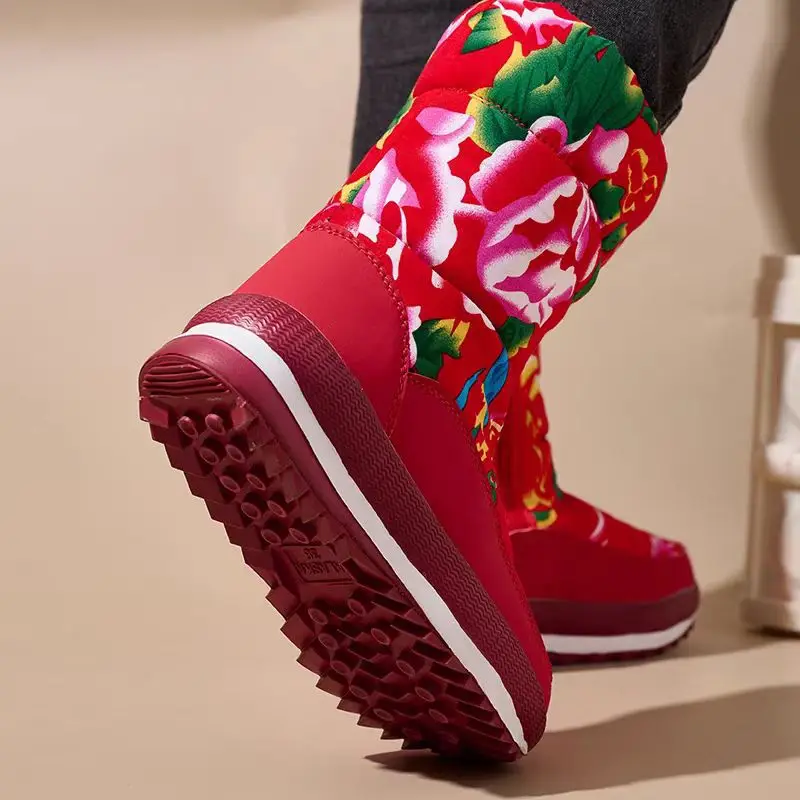 Winter New Ethnic Style Snow Boots Women's fleece-lined Thickened Northeast Large Cotton Boots Mesh Red Cotton Shoes Women's Comfortable Outdoor Shoes — feature 13
