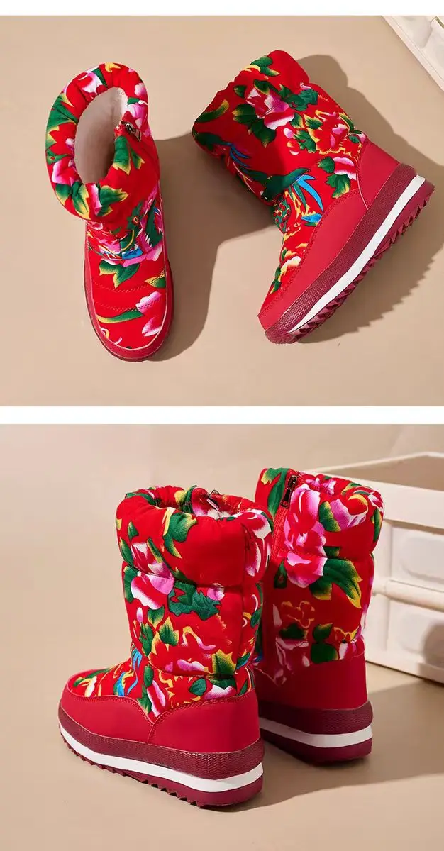 Winter New Ethnic Style Snow Boots Women's fleece-lined Thickened Northeast Large Cotton Boots Mesh Red Cotton Shoes Women's Comfortable Outdoor Shoes — feature 14