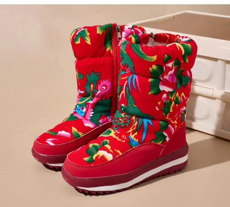 Winter New Ethnic Style Snow Boots Women's fleece-lined Thickened Northeast Large Cotton Boots Mesh Red Cotton Shoes Women's Comfortable Outdoor Shoes — feature 15