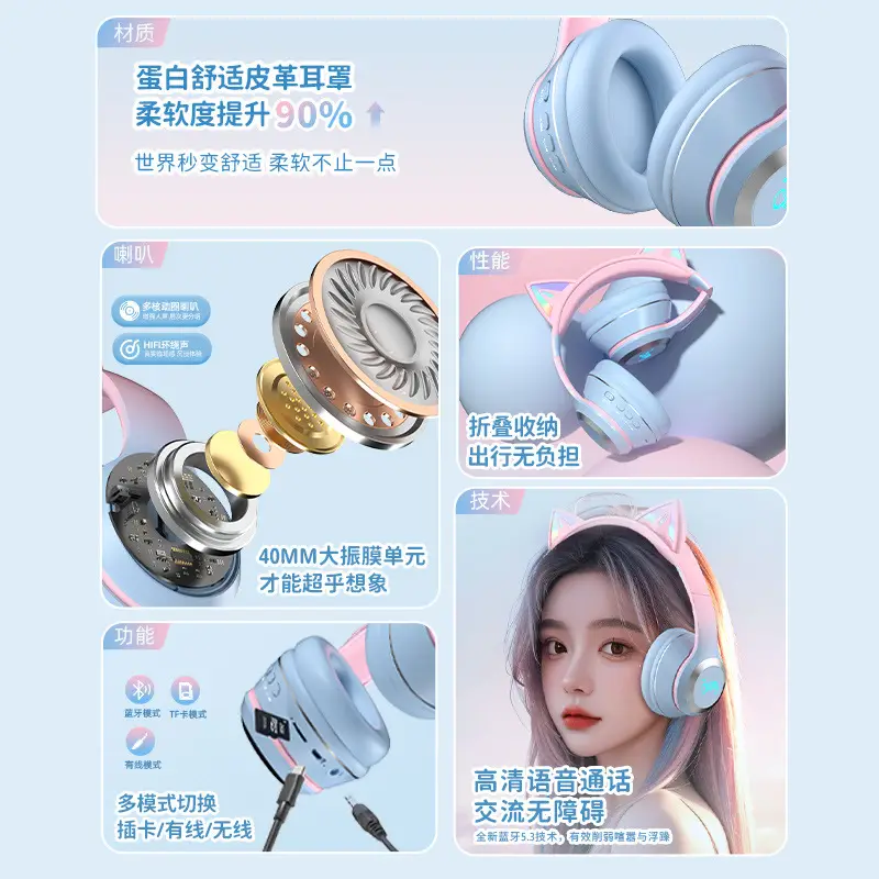 Wireless Bluetooth Cat Ear Headset Pink Gradient - Image 11