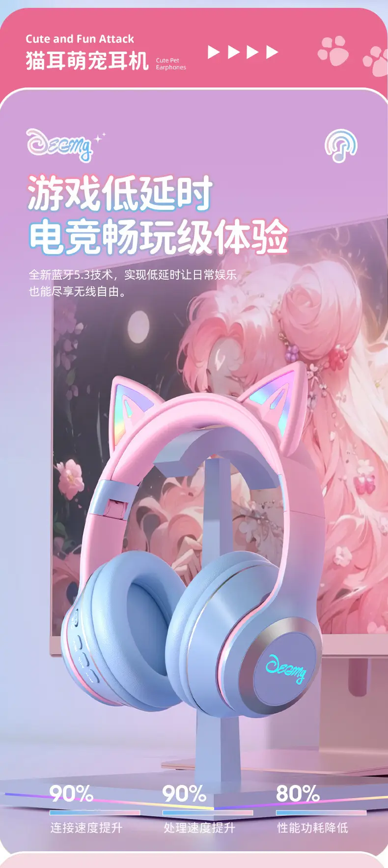 Wireless Bluetooth Cat Ear Headset Pink Gradient β feature 13
