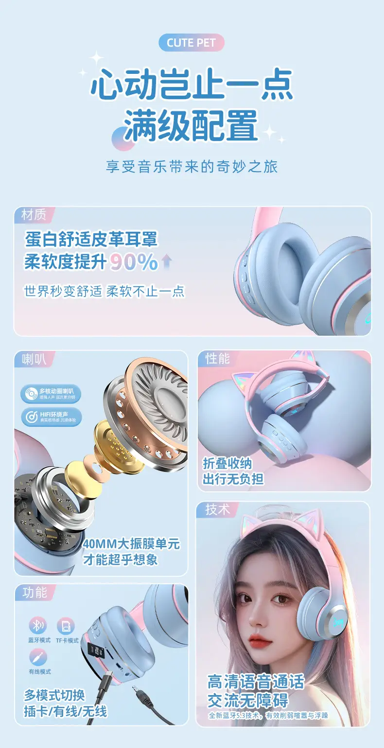 Wireless Bluetooth Cat Ear Headset Pink Gradient β feature 5