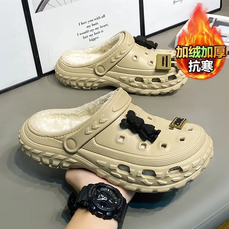 Hole Shoes Men's Winter fleece-lined Warm Detachable Dual-purpose Cotton Slippers Tire Bottom Non-slip Office Sports Slippers - Image 6